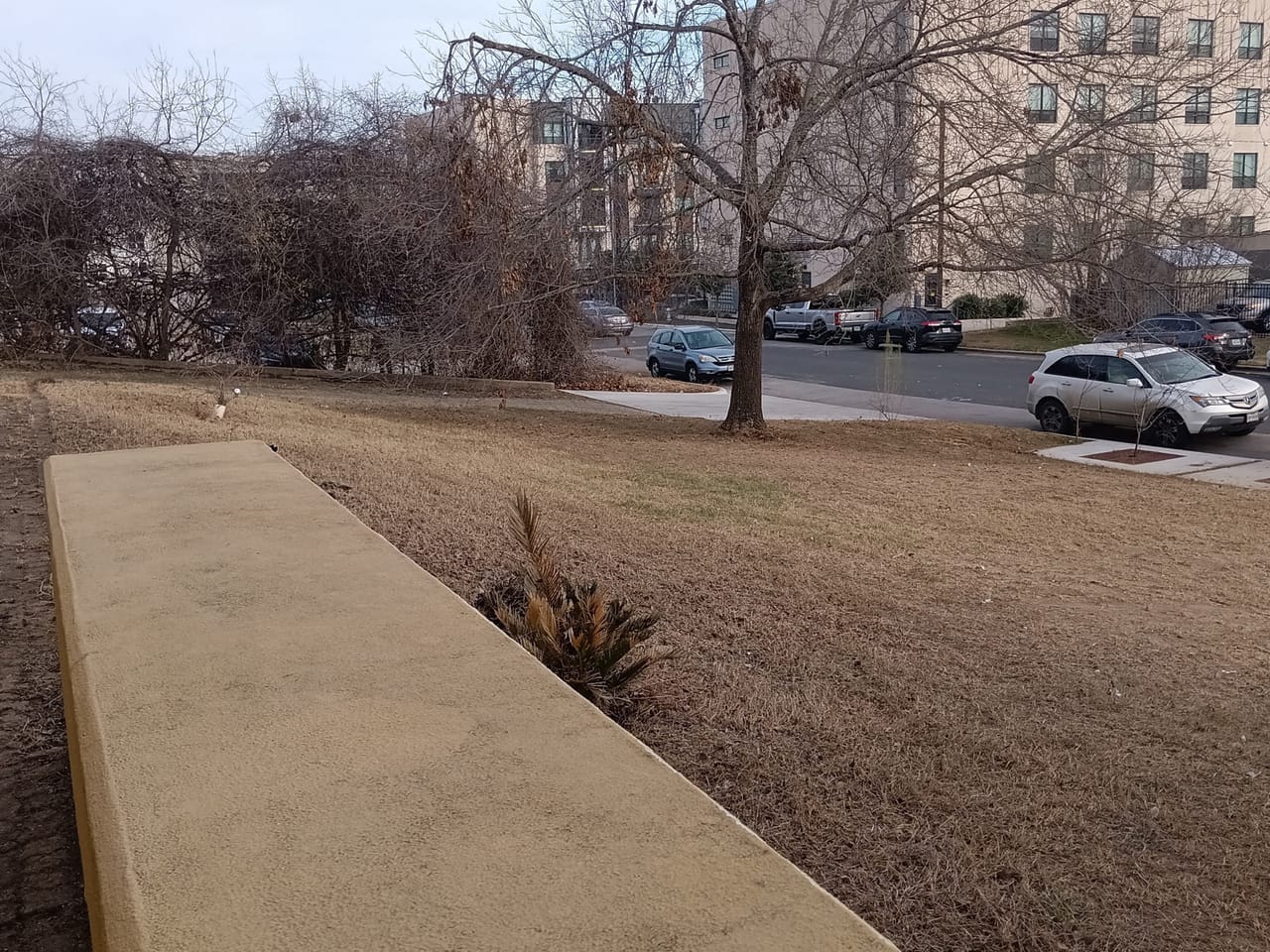 Long concrete retaining edge beside a mowed lot and city street in New Braunfels, TX