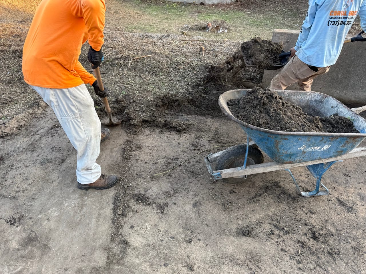 Worker shoveling wet silt into a blue wheelbarrow on concrete in Kyle, TX