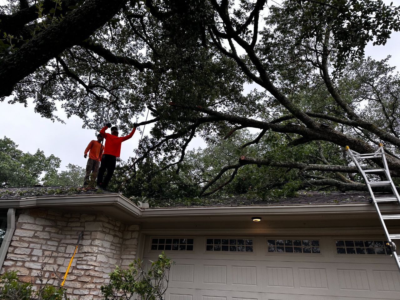 Emergency removal of a storm-damaged oak on a home in Austin, TX