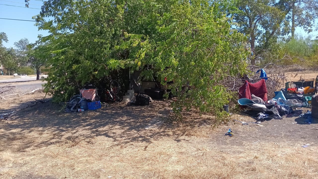 Overgrown lot with tarps, clothing and dumped belongings under a tree in Central Texas