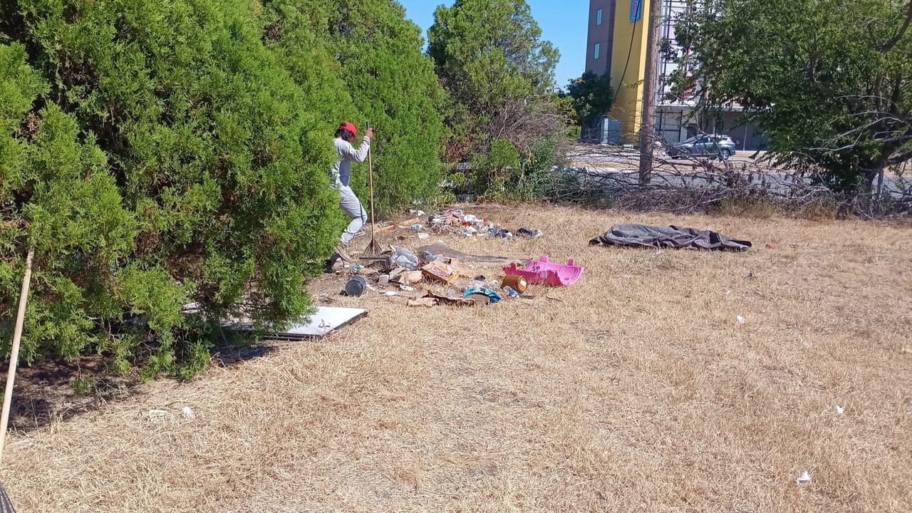 Worker clearing scattered trash and dumped items from a lot by shrubs in Leander, TX