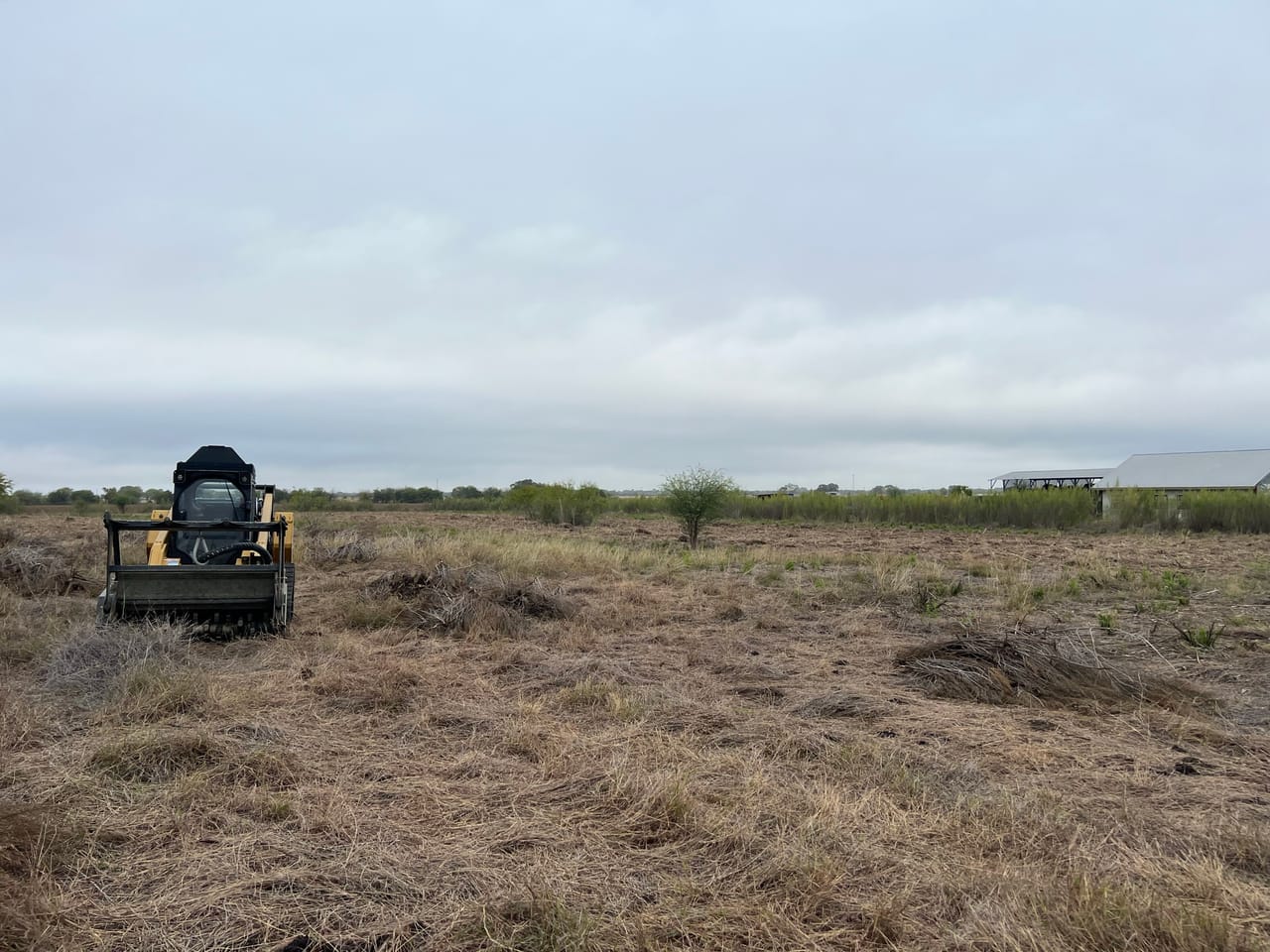 Forestry mulcher working brush in an open dry pasture in Kyle, TX