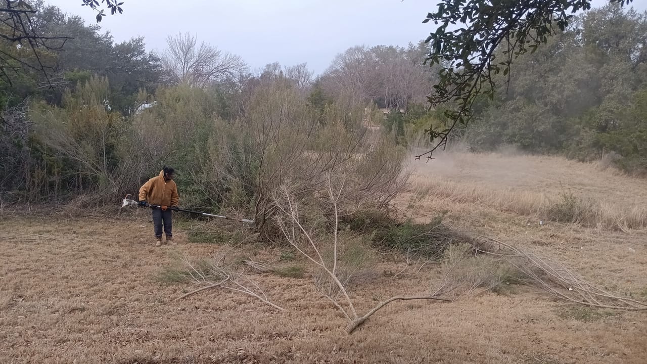Worker cutting brush by hand in a large overgrown dry field in Round Rock, TX