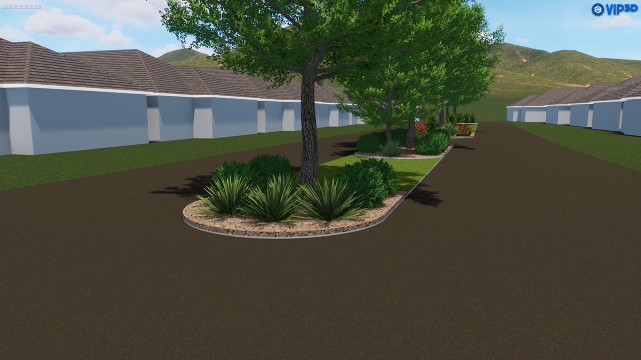 3D rendering of curved bed with agave and ornamental grasses in Canyon Lake, TX