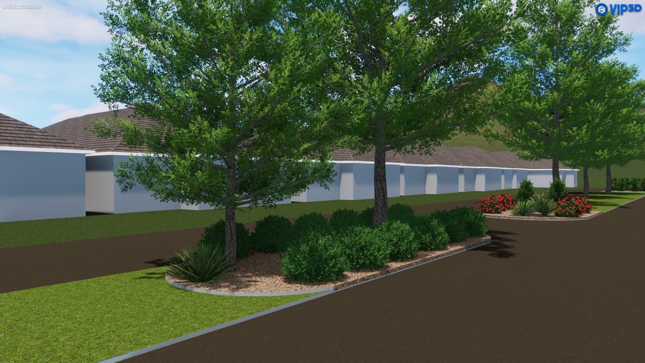 3D rendering of a long planting bed with shrubs and two trees in Kyle, TX