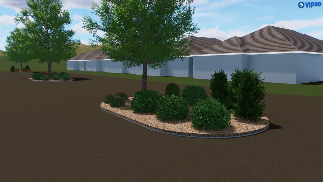 3D rendering of a mulched tree bed with shrubs against a wall in Buda, TX