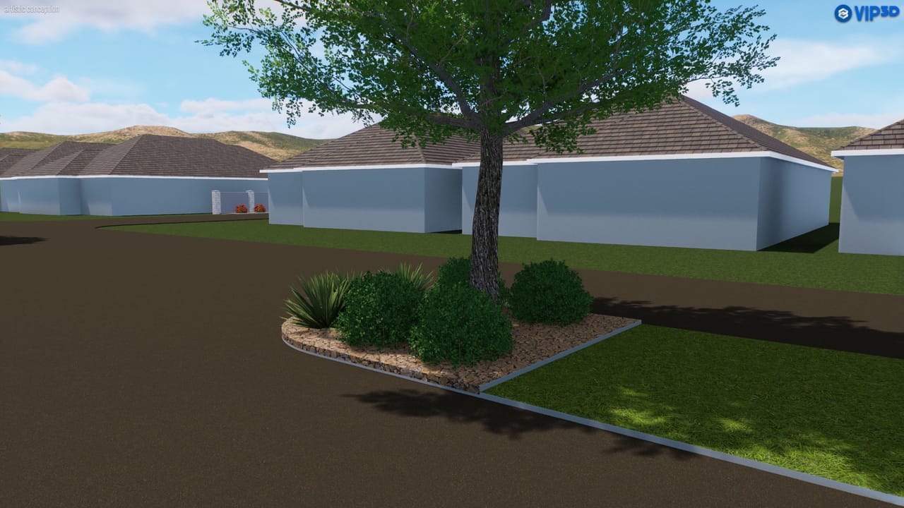3D rendering showing shade tree, boxwoods and lawn corner in San Antonio, TX