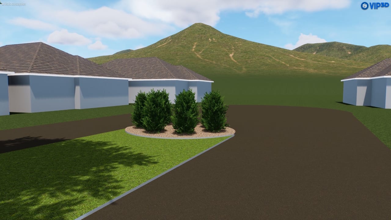 3D rendering of three shrubs in a mulch island near a driveway in San Marcos, TX