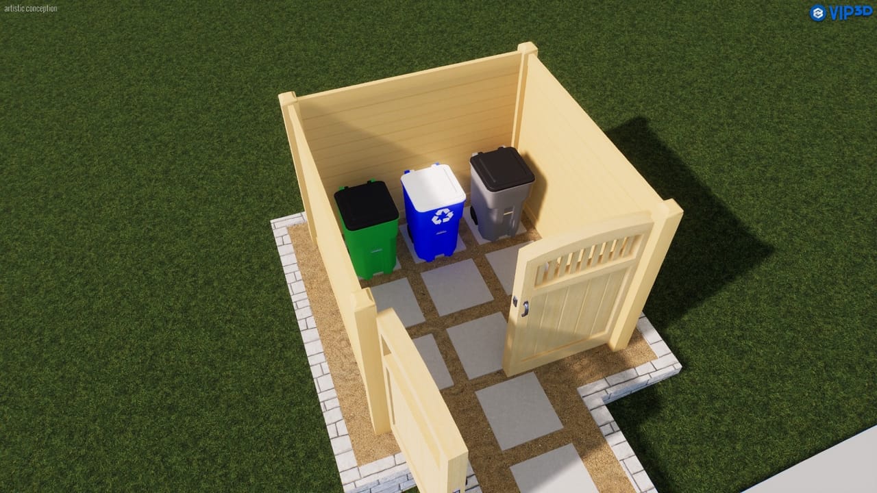 Rendering showing enclosure interior with three bins on a paver pad in Spicewood, TX