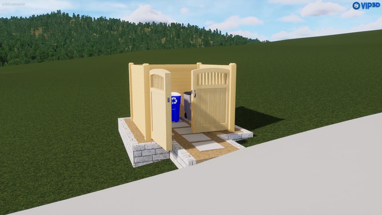 Three dimensional rendering of a cedar trash enclosure on stone base in Bee Cave, TX