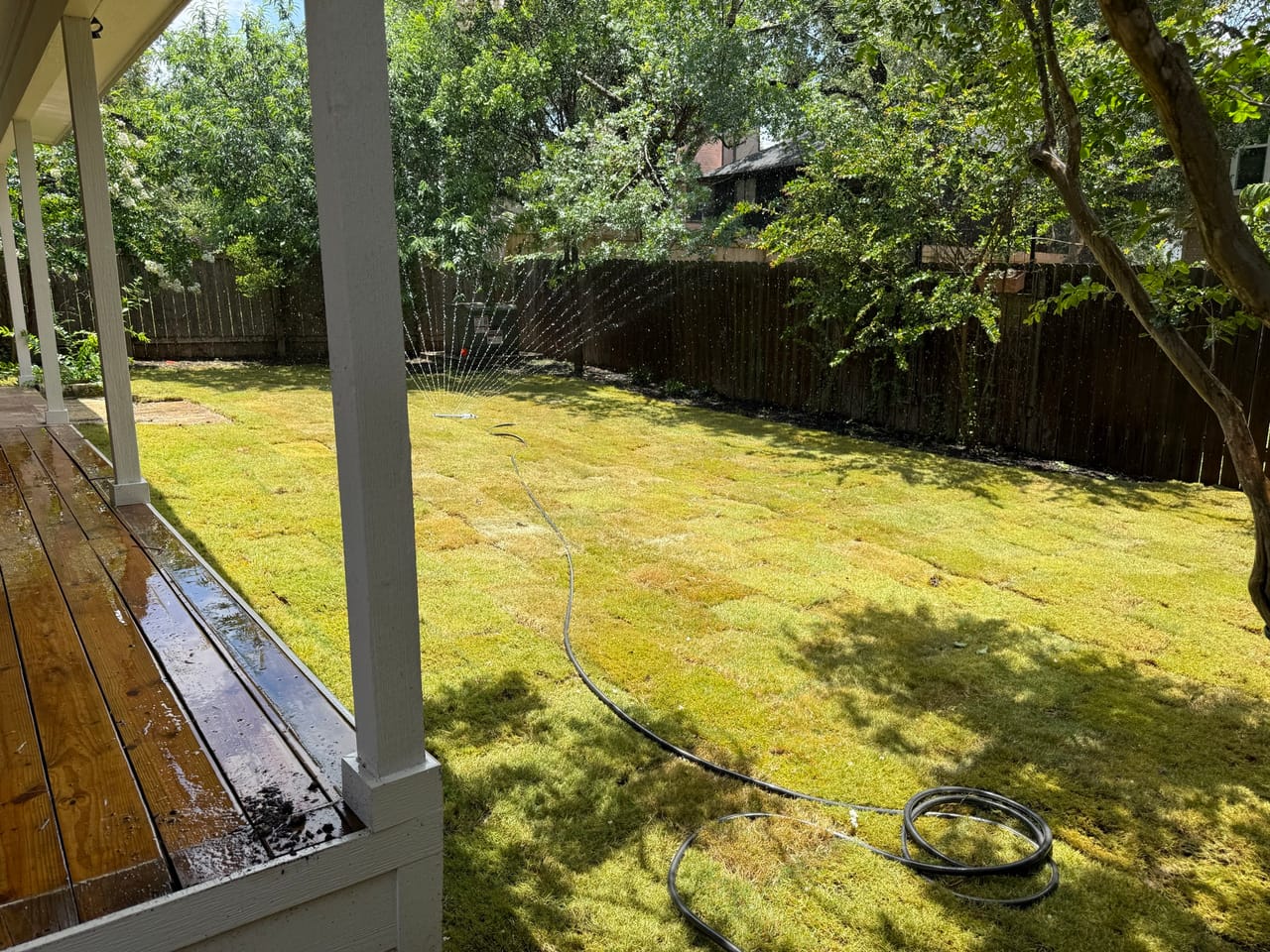 Backyard lawn and privacy fence seen from a covered wood porch in West Lake Hills, TX