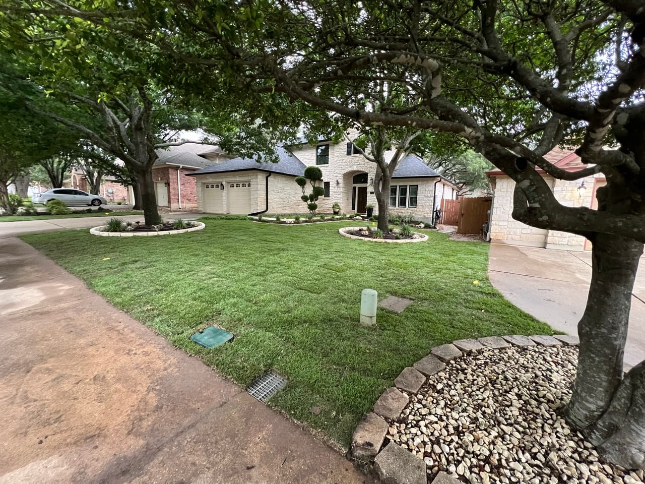 River rock drainage bed curving around a shade tree in green lawn in Round Rock, TX