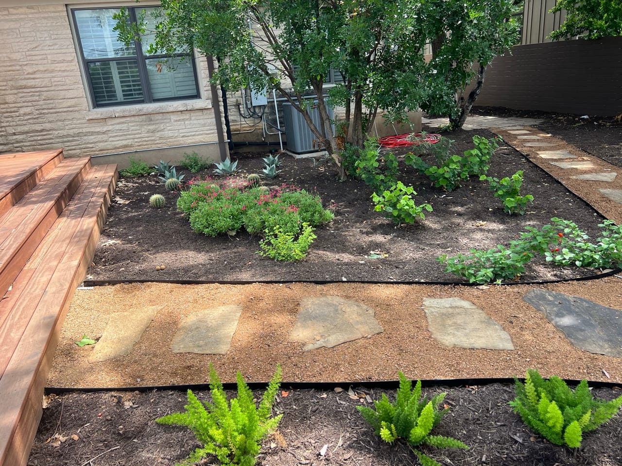 Flagstone path with new perennials and steel edging by steps in Central Texas