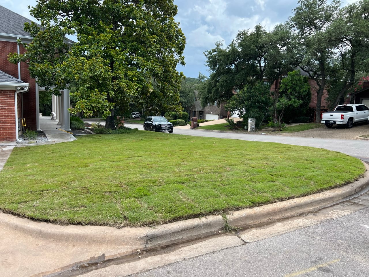 Fresh green sod front lawn at a residential corner lot by Corral Bros in Central Texas