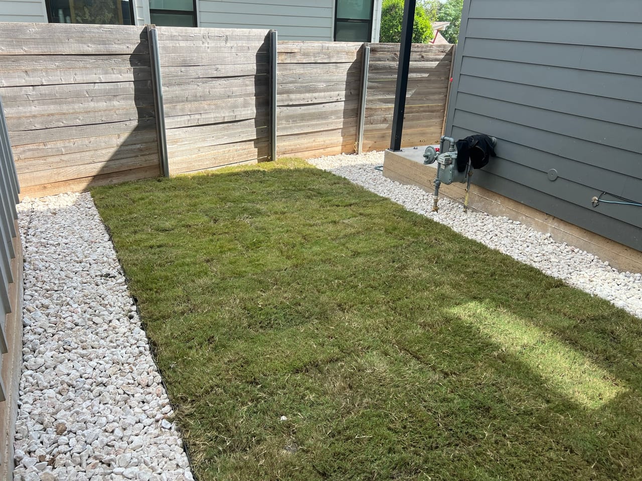 Fresh sod lawn between wood fence and modern home with gravel border in Bee Cave, TX