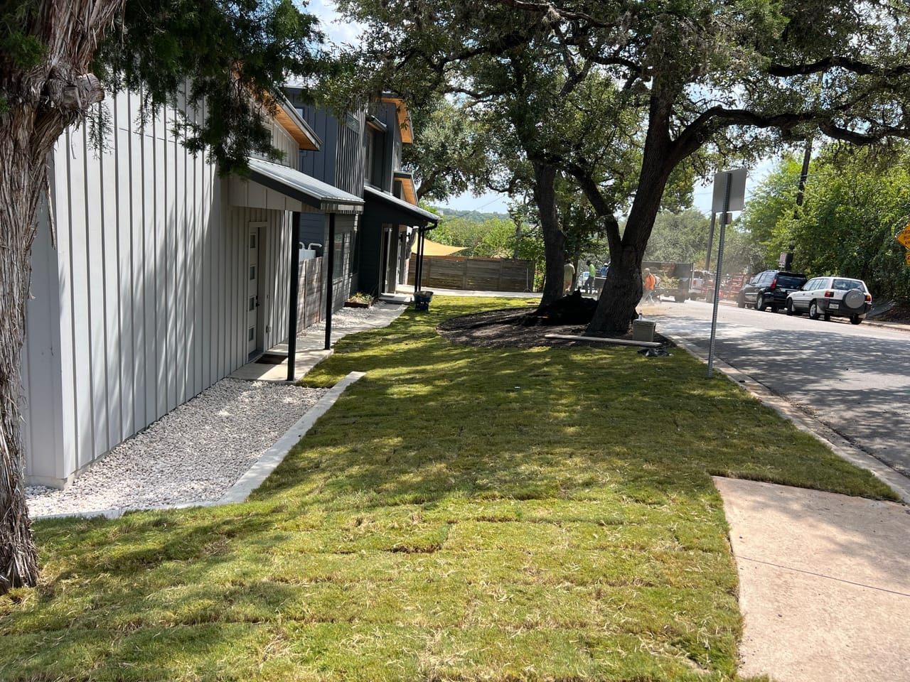 Fresh sod strip running beside modern townhomes under mature oaks in Marble Falls, TX