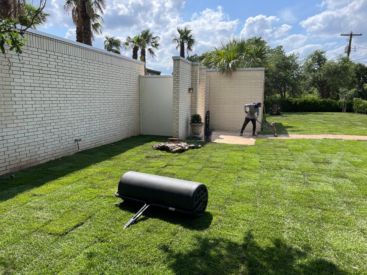 Lawn roller sitting on freshly installed sod in walled courtyard by Corral Bros in Central Texas