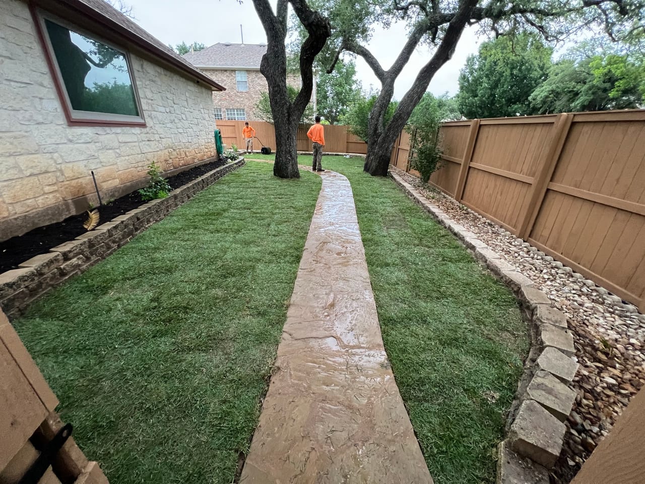 New sod strips along a stone path with a worker in the distance in Pflugerville, TX