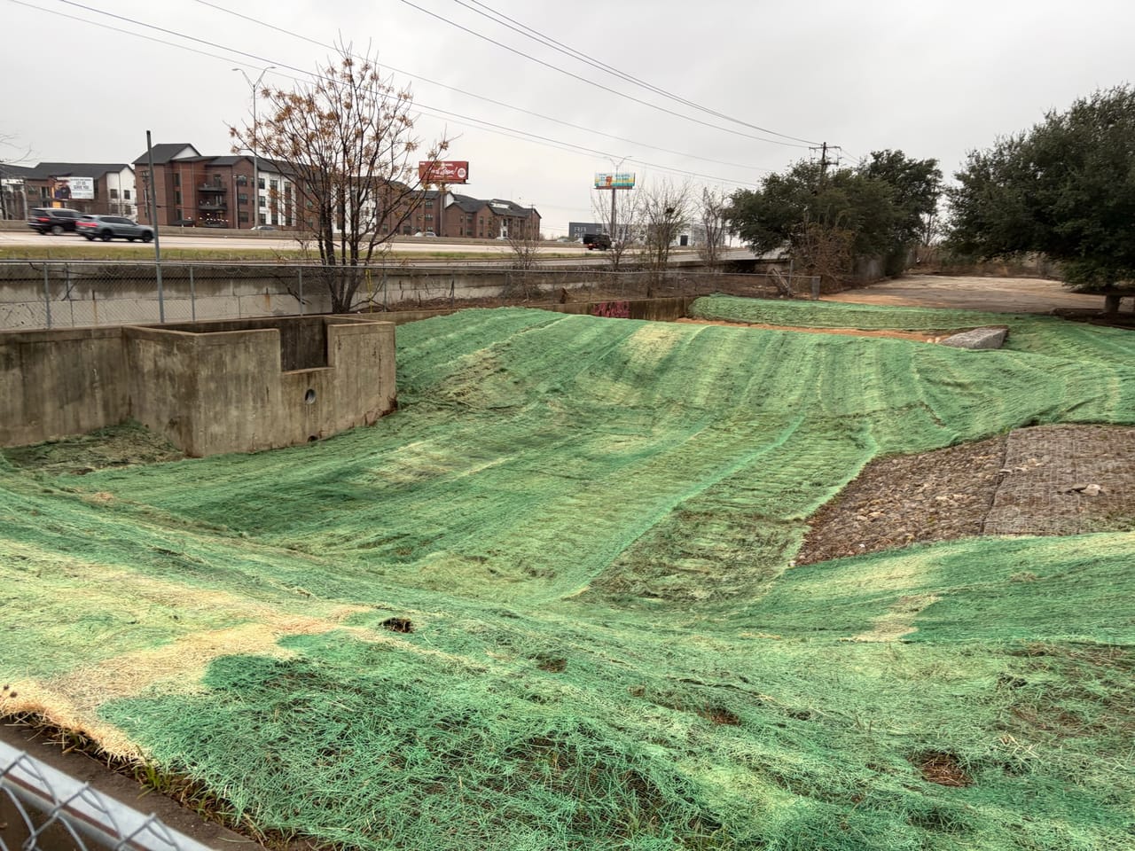 Green hydromulched slope finished around trees beside the concrete channel in Bastrop, TX