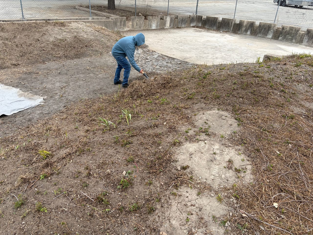 Worker raking fresh soil on the slope of a concrete stepped basin in Bee Cave, TX