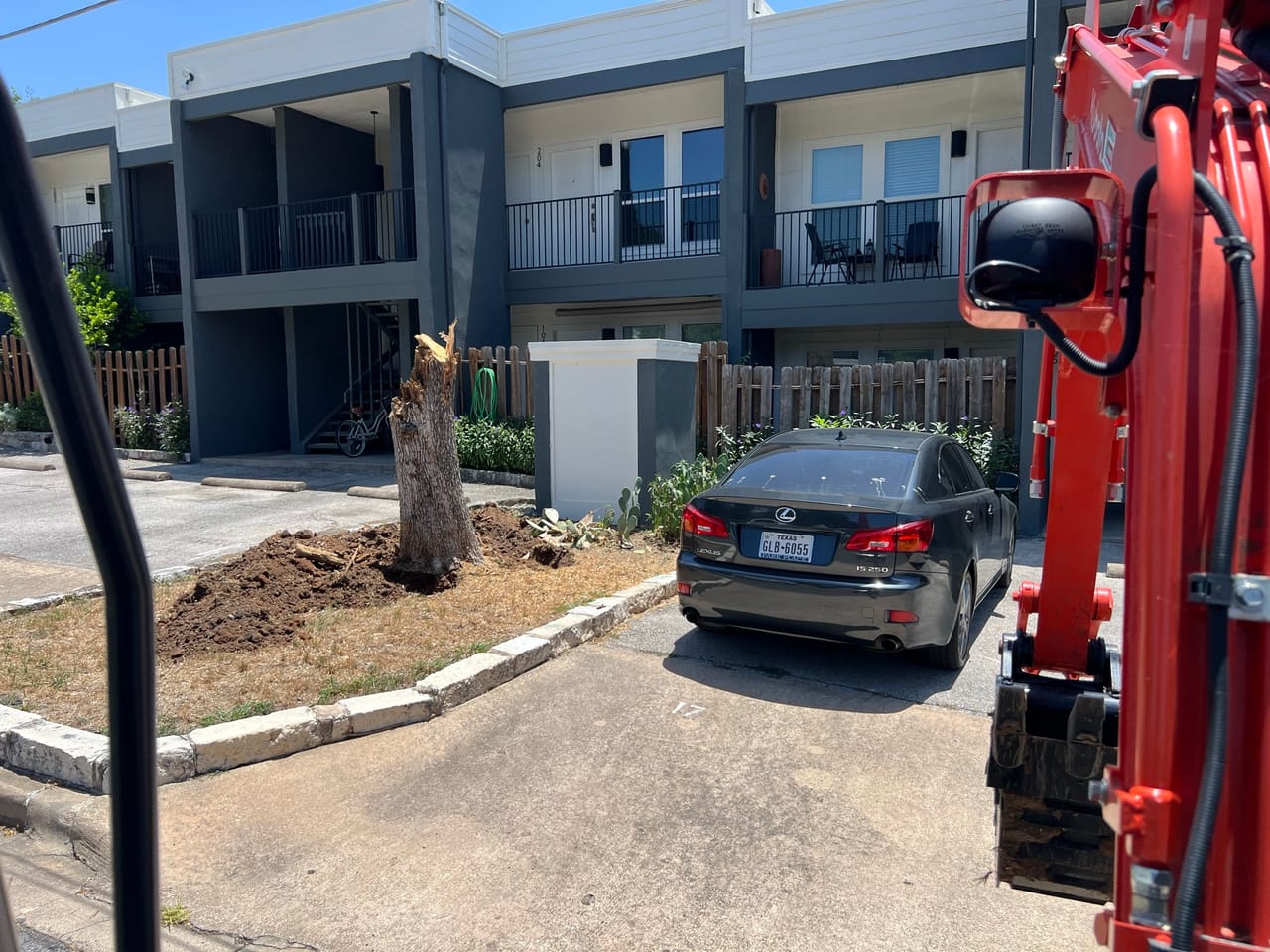Red mini excavator beside a freshly cut trunk at an apartment drive in Central Texas