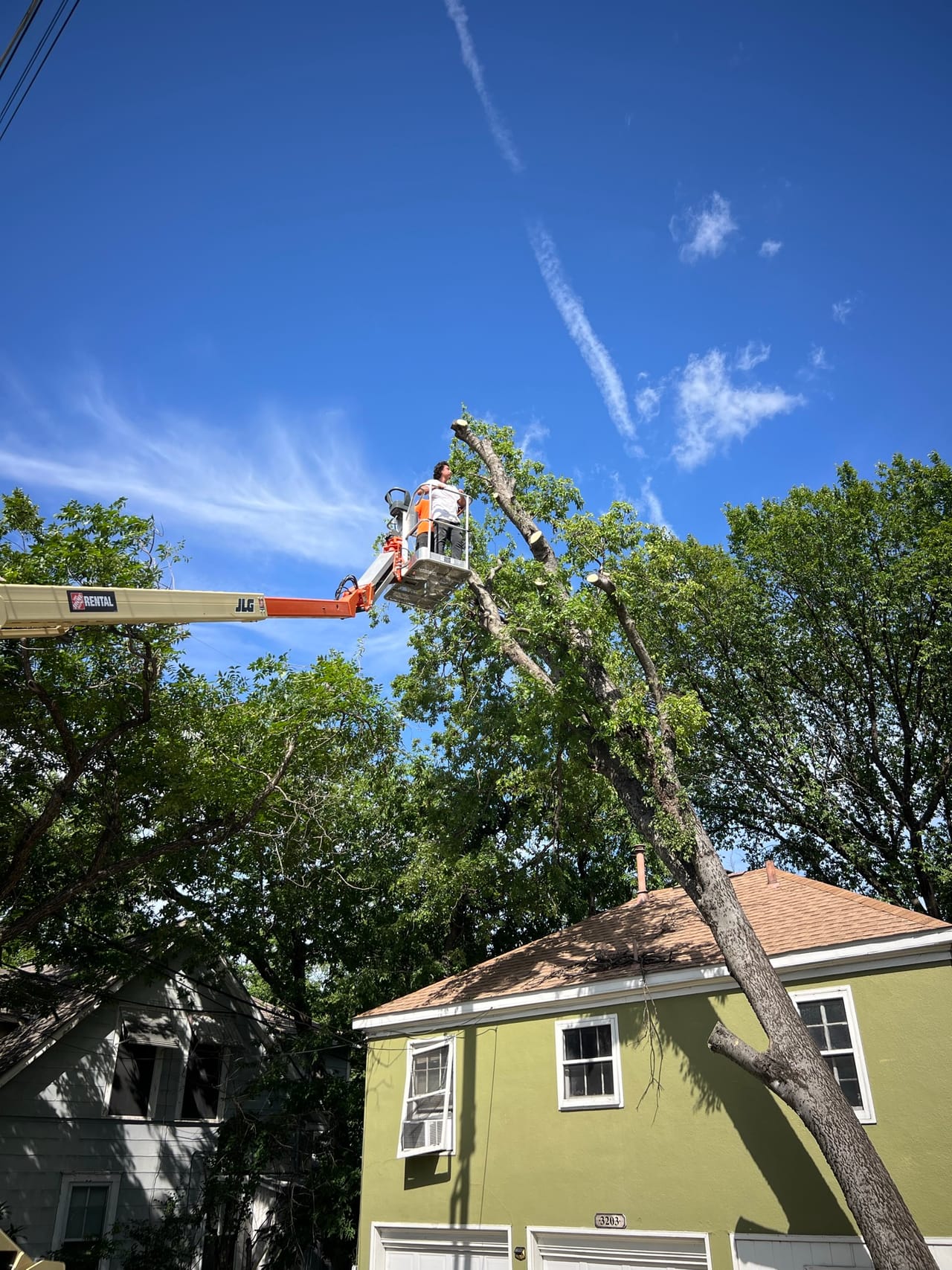 Bucket lift working high in a tree beside a yellow house in Kyle, TX