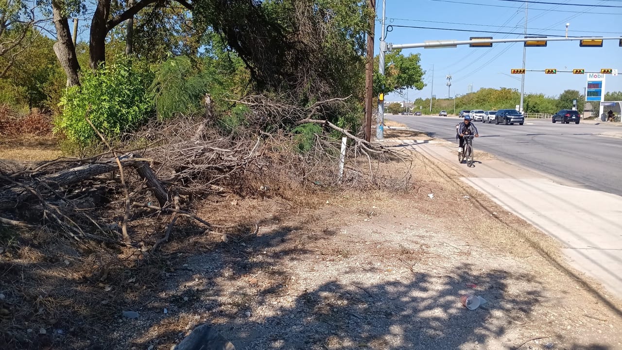 Long brush pile of cut limbs stacked along a roadside right of way in Buda, TX